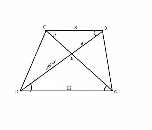Втрапеции abcd основание bc и ad равны соответственно 8 см и 12 см. диагональ bd, равна 25 см, перес