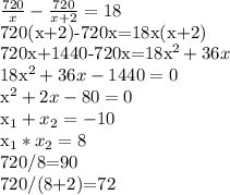 \frac{720}{x} - \frac{720}{x+2} =18 &#10;&#10;720(x+2)-720x=18x(x+2) &#10;&#10;720x+1440-720x=18x^{2} +36x &#10;&#10;18x^{2}+36x-1440=0 &#10;&#10;x^{2}+2x-80=0 &#10;&#10;x_{1} + x_{2} =-10&#10;&#10;x_{1} * x_{2} =8&#10;&#10;720/8=90&#10; &#10;720/(8+2)=72