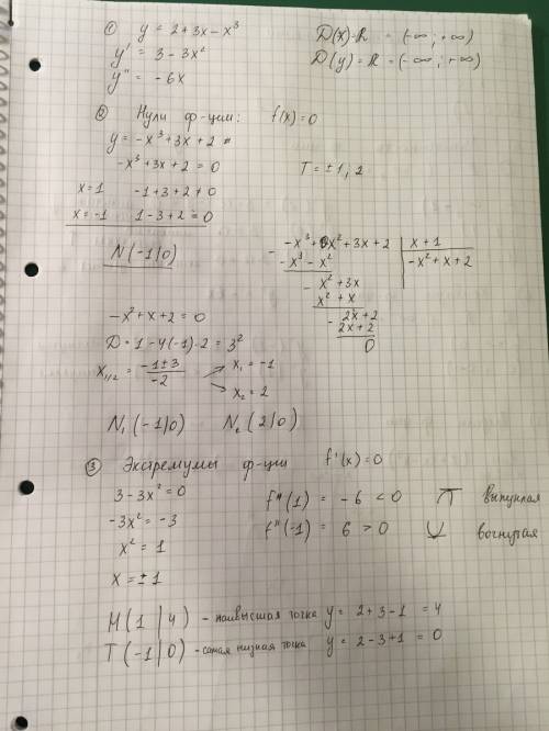 1)исследовать функцию y=2+3x-x^3 2)составить уравнение касательной функции y= 10x^3-4x^2+7x в точке