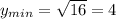 y_{min}= \sqrt{16}=4