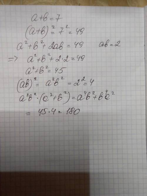 Известно, что a+b=7 и ab=2. найдите a^2b^4+a^4b^2