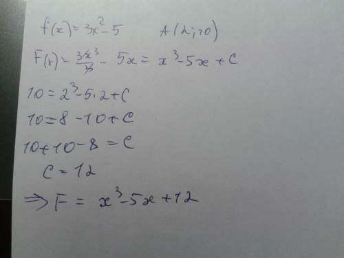 Найти первообразную функуию f (x), график которой проходит через точку а. f (x)=3x^2-5 a (2; 10)