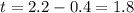 t = 2.2 - 0.4 = 1.8