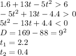 1.6 + 13t -5t^2 \ \textgreater \ 6 \\ &#10;-5t^2 + 13t -4.4 \ \textgreater \ 0 \\ &#10;5t^2 -13t + 4.4 \ \textless \ 0 \\ &#10;D = 169 - 88 = 9^2 \\ &#10;t_{1} = 2.2 \\ &#10;t_{2} = 0.4 \\