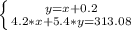 \left \{ {{y=x+0.2} \atop {4.2*x+5.4*y=313.08}} \right.