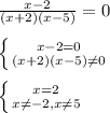 \frac{x-2}{(x+2)(x-5)} =0 \\ \\ \left \{ {{x-2=0} \atop {(x+2)(x-5) \neq 0}} \right. \\ \\ \left \{ {{x=2} \atop {x \neq -2,x \neq 5}} \right.