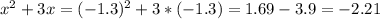 x^{2} +3x= (-1.3)^{2}+3*(-1.3)=1.69-3.9=-2.21