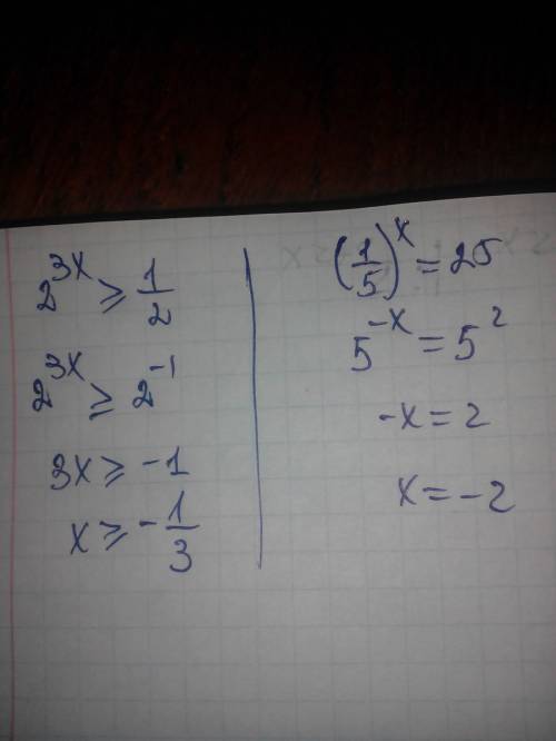 2^3х больше или равно 1/2; (1/5)^х=25