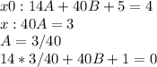 x0: 14A+40B+5=4\\ x: 40A=3 \\ A=3/40\\ 14*3/40+40B+1=0\\