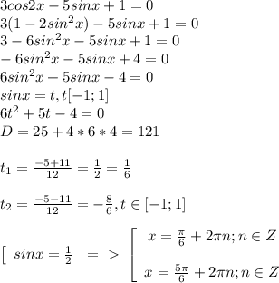 3cos2x-5sinx+1=0\\3(1-2sin^2x)-5sinx+1=0\\3-6sin^2x-5sinx+1=0\\-6sin^2x-5sinx+4=0\\6sin^2x+5sinx-4=0\\sinx=t,t\im[-1;1]\\6t^2+5t-4=0\\D=25+4*6*4=121\\\\t_1=\frac{-5+11}{12}=\frac{1}{2}=\frac{1}6\\\\t_2=\frac{-5-11}{12}=-\frac{8}6,t\in[-1;1]\\\\\left[\begin{array}{ccc}sinx=\frac{1}2\end{array}\right=\ \textgreater \ \left[\begin{array}{ccc}x=\frac{\pi}6+2\pi n;n\in Z\\\\x=\frac{5\pi}6+2\pi n;n\in Z\end{array}\right