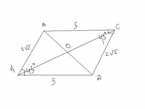 Стороны параллелограмма равняются 5 см и 2√2 см, а один из его углов равняется 45 градусов. найти дл
