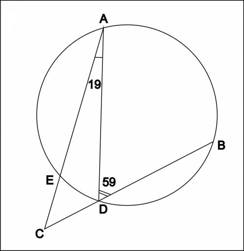На окружности последовательно отмечены точки а,в,д и е так,что δadb =59° δdae=19°.найдите угол acb,