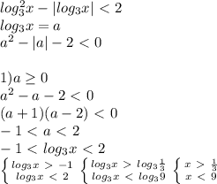 log_3^2x-|log_3x|\ \textless \ 2 \\ log_3x=a \\ a^2-|a|-2\ \textless \ 0 \\ \\ 1)a \geq 0 \\a^2-a-2\ \textless \ 0 \\ (a+1)(a-2)\ \textless \ 0 \\ -1\ \textless \ a\ \textless \ 2 \\ -1\ \textless \ log_3x\ \textless \ 2 \\ \left \{ {{log_3x\ \textgreater \ -1} \atop {log_3x\ \textless \ 2}} \right. \left \{ {{log_3x\ \textgreater \ log_3{ \frac{1}{3} }} \atop {log_3x\ \textless \ log_39}} \right. \left \{ {{x\ \textgreater \ \frac{1}{3}} \atop {x\ \textless \ 9}} \right.