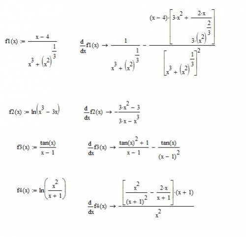 Найти производные функции 1) у=х-4/x³+³√х² 2) у=(х³-3х)ln 3) y=tgx/x-1 4) y=ln*х²/х+1 * /-дробь