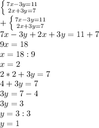 \left \{ {{7x-3y=11} \atop {2x+3y=7}} \right. \\ + \left \{ {{7x-3y=11} \atop {2x+3y=7}} \right. \\ 7x-3y+2x+3y=11+7 \\ 9x=18 \\ x=18:9 \\ x=2\\2*2+3y=7\\4+3y=7\\3y=7-4\\3y=3\\y=3:3\\y=1