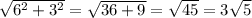 \sqrt{6^2+3^2}= \sqrt{36+9}= \sqrt{45}=3 \sqrt{5}