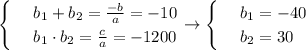 \begin{cases}&#10; & \text{ } b_1+b_2= \frac{-b}{a}=-10 \\ &#10; & \text{ } b_1\cdot b_2= \frac{c}{a}=-1200 &#10;\end{cases}\to \begin{cases}&#10; & \text{ } b_1=-40 \\ &#10; & \text{ } b_2=30 &#10;\end{cases}&#10;&#10;