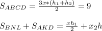 S_{ABCD} = \frac{3x*(h_{1}+h_{2})}{2}=9 \\\\ S_{BNL}+S_{AKD}=\frac{xh_{1} }{2}+x_{2}h\\&#10;