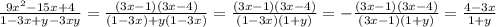 \frac{9x^2-15x+4}{1-3x+y-3xy}=\frac{(3x-1)(3x-4)}{(1-3x)+y(1-3x)}=\frac{(3x-1)(3x-4)}{(1-3x)(1+y)}=-\frac{(3x-1)(3x-4)}{(3x-1)(1+y)}=\frac{4-3x}{1+y}