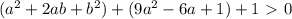 (a^2+2ab+b^2)+(9a^2-6a+1)+1\ \textgreater \ 0