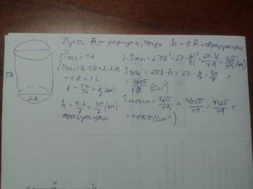 Найдите площадь полной поверхности цилиндра. если периметр его осевого сечения равен 12см, а образую