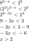 8^{3-x} \ \textless \ 2^{3} \\ &#10;(2^{3})^{3-x} \ \textless \ 2^{3} \\ &#10;2^{9-3x} \ \textless \ 2^{3} \\ &#10;9-3x\ \textless \ 3 \\&#10;-3x\ \textless \ 3-9 \\ &#10;-3x\ \textless \ -6 \\ &#10;x\ \textgreater \ 2 \\