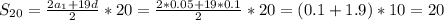 S_{20} = \frac{2a_1+19d}{2} *20 = \frac{2*0.05+19*0.1}{2} *20=(0.1+1.9)*10=20