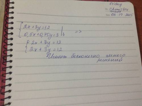 Решительно систему уравнения: {2x+3y=12 {0,5x+0,75y=3