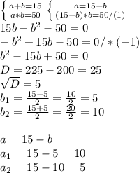 \left \{ {{a+b=15} \atop {a*b=50}} \right. \left \{ {{a=15-b} \atop {(15-b)*b=50}/(1)} \right. \\ 15b-b ^{2} -50=0\\-b ^{2} +15b-50=0/*(-1)\\b ^{2} -15b+50=0\\D=225-200=25\\ \sqrt{D} =5\\b _{1} = \frac{15-5}{2} = \frac{10}{2} =5\\b _{2} = \frac{15+5}{2} = \frac{20}{2} =10 \\ \\ a=15-b\\a _{1} =15-5=10\\a _{2} =15-10=5