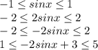 -1 \leq sinx \leq 1\\ -2 \leq 2sinx \leq 2 \\ -2 \leq -2sinx \leq 2 \\ 1 \leq - 2sinx+3 \leq 5