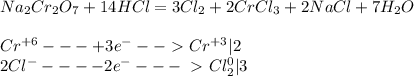 Na _{2} Cr _{2} O _{7} + 14HCl = 3Cl _{2} + 2CrCl _{3} + 2NaCl + 7H _{2} O \\ \\ &#10;Cr ^{+6} --- +3e ^{-} --\ \textgreater \ Cr ^{+3} | 2 \\ &#10;2Cl ^{-} --- -2e ^{-} ---\ \textgreater \ Cl _{2} ^{0} | 3&#10;