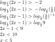 log_{ \frac{1}{3} } (2x-1 ) \ \textgreater \ -2 \\ &#10;log_{ \frac{1}{3} } (2x-1 ) \ \textgreater \ - log_{ \frac{1}{3} } ( \frac{1}{9} ) \\ &#10;log_{ \frac{1}{3} } (2x-1 ) \ \textgreater \ log_{ \frac{1}{3} } ( \frac{1}{9} ) ^{-1} \\ &#10;log_{ \frac{1}{3} } (2x-1 ) \ \textgreater \ log_{ \frac{1}{3} }9 \\ &#10;2x-1 \ \textless \ 9 \\ &#10;2x \ \textless \ 10 \\ &#10;x \ \textless \ 5 \\