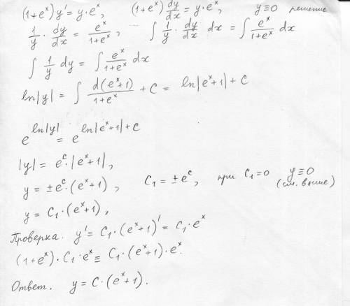 Найти общий интеграл дифференциального уравнения (1+e^x)*y’=ye^x