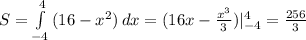 S= \int\limits^4_{-4} {(16-x^2)} \, dx =(16x- \frac{x^3}{3})|^4_{-4} = \frac{256}{3}