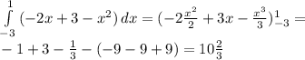 \int\limits^1_{-3} {(-2x+3- x^{2} )} \, dx=(-2 \frac{ x^{2} }{2} +3x- \frac{ x^{3} }{3})^1_{-3}= \\ -1+3- \frac{1}{3}-(-9-9+9)=10 \frac{2}{3}