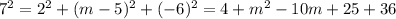 7^2=2^2+(m-5)^2+(-6)^2=4+m^2-10m+25+36