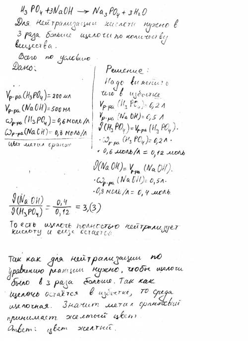 Кто может подсказать как решить определите цвет метилового оранжевого в растворе, который образуется