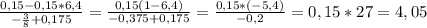 \frac{0,15-0,15*6,4}{- \frac{3}{8}+0,175 } = \frac{0,15(1-6,4)}{- 0,375+0,175 } = \frac{0,15*(-5,4)}{-0,2} =0,15*27=4,05 \\