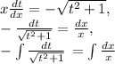 x \frac{dt}{dx} = - \sqrt{t^2+1}, \\ -\frac{dt}{\sqrt{t^2+1} } = \frac{dx}{x} , \\ -\int {\frac{dt}{\sqrt{t^2+1}} \, = \int { \frac{dx}{x} } \,