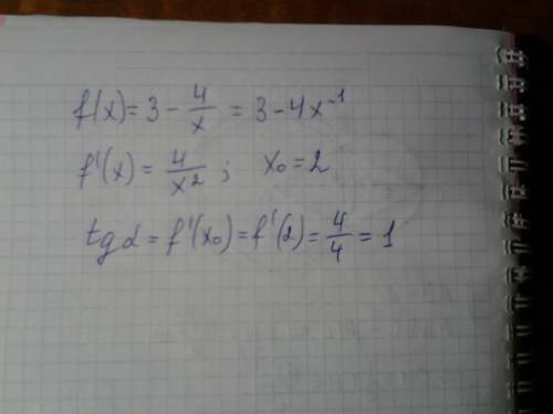 Найдите тангенс угла наклона касательной к графику функции f(x)=3-4/x в точке x нулевой =2 буду безм