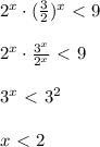 2^x\cdot ( \frac{3}{2} )^x\ \textless \ 9 \\ \\ 2^x\cdot \frac{3 ^{x} }{2^x}\ \textless \ 9 \\ \\ 3^{x}\ \textless \ 3 ^{2} \\ \\ x\ \textless \ 2