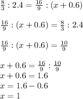 \frac{8}{3} :2.4= \frac{16}{9}: (x+0.6)\\\\ \frac{16}{9}: (x+0.6)= \frac{8}{3} :2.4\\\\ \frac{16}{9}: (x+0.6)= \frac{10}{9} \\ \\ x+0.6= \frac{16}{9} : \frac{10}{9} \\x+0.6=1.6\\x=1.6-0.6\\x=1