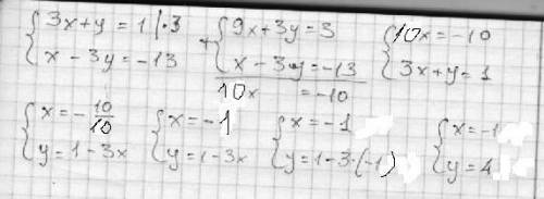 Решить систему уравнений 3x+y=1 x-3y=-13 )