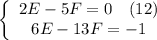 \left\{\begin{array}$ 2E-5F=0 \ \ \ (12) \\ 6E-13F=-1 \end{array}\right.