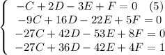 \left\{\begin{array}$ -C+2D-3E+F=0\ \ \ (5) \\ -9C+16D-22E+5F=0 \\ -27C+42D-53E+8F=0 \\ -27C+36D-42E+4F=1 \end{array}\right.