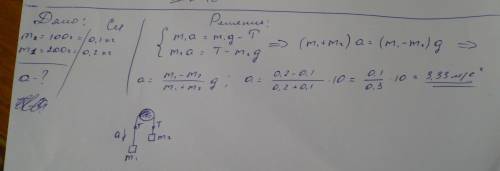На шнуре перекинутом через неподвижный блок помещены грузы массой 100 г и 200 г.определите с каким у