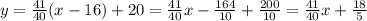 y= \frac{41}{40} (x-16)+20= \frac{41}{40}x- \frac{164}{10} + \frac{200}{10}= \frac{41}{40}x+ \frac{18}{5}