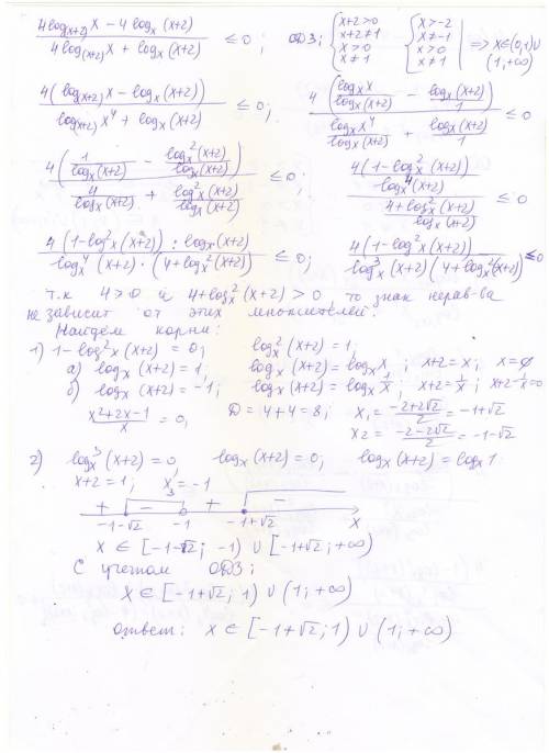 Как решить неравенство : (4 log(x+2) x - 4 log(x)(x+2)) / (4 log (x+2) x + log (x) (x+2)) < =0 lo