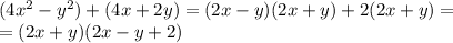 (4x^2-y^2)+(4x+2y)=(2x-y)(2x+y)+2(2x+y)= \\ =(2x+y)(2x-y+2)