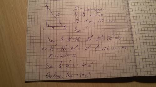 Найдите площадь прямоугольного треугольника с гипотенузой 15 см и катетом 9 см